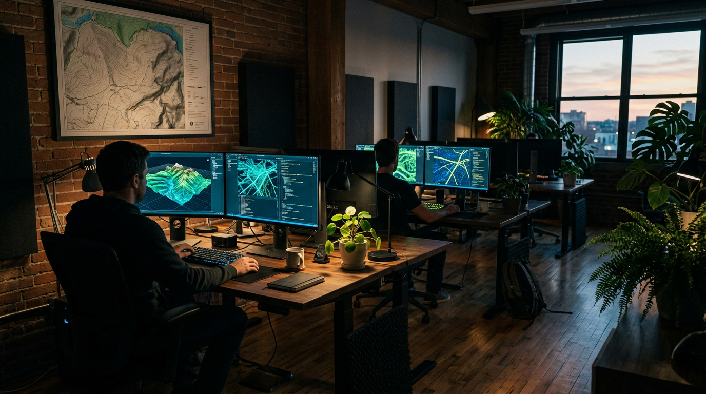 The Isoline studio with monitors displaying topographic maps
