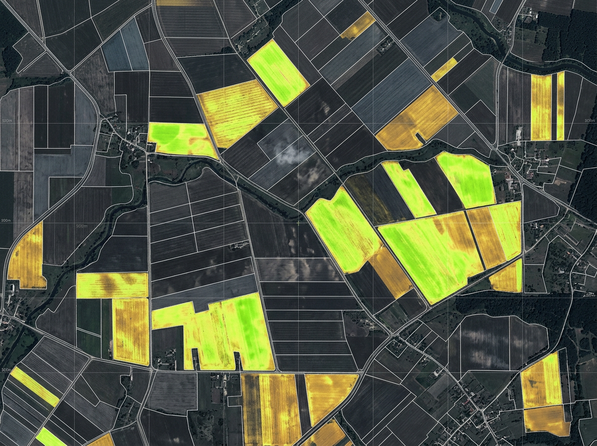 Satellite view of farm fields with a vegetation health heatmap overlay